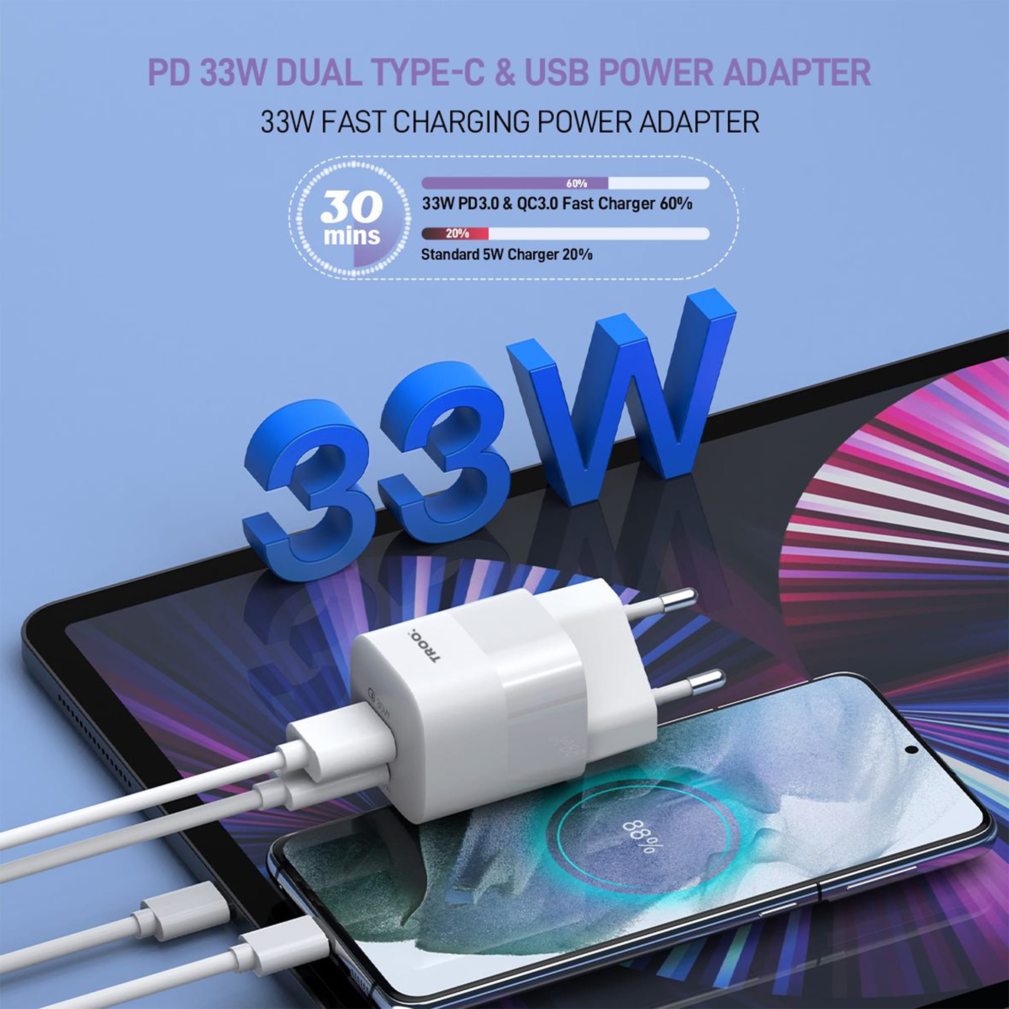 TROO Certified PD 33W GaN Fast Wall Charger Power Brick 2 Port Type-C USB